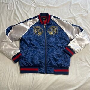 Y2K VTG Forever 21 Men Blue Quilted Satin Bomber Jacket Tiger NYC Patch Small